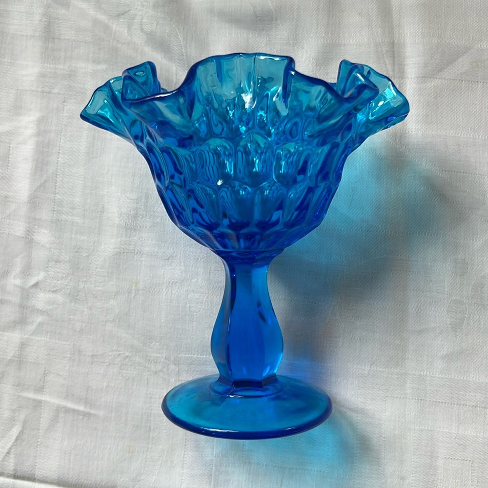 Vintage Fenton Art Glass Thumbprint Ruffled Pedestal Dish Colonial Blue